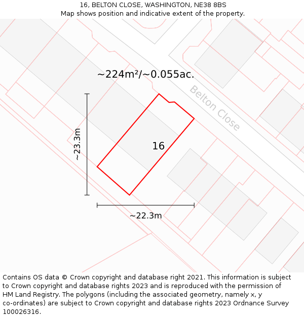 16, BELTON CLOSE, WASHINGTON, NE38 8BS: Plot and title map