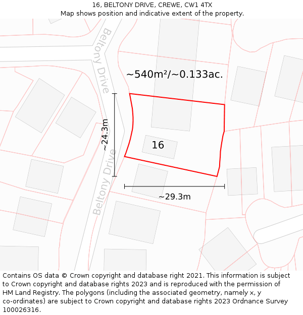 16, BELTONY DRIVE, CREWE, CW1 4TX: Plot and title map