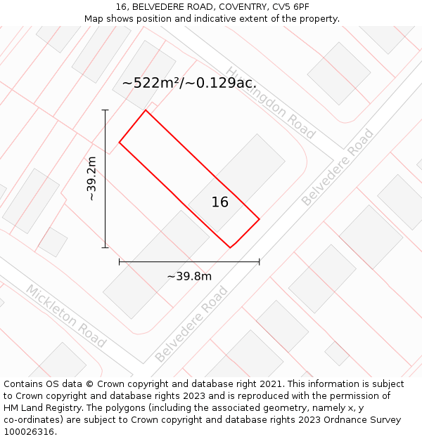 16, BELVEDERE ROAD, COVENTRY, CV5 6PF: Plot and title map