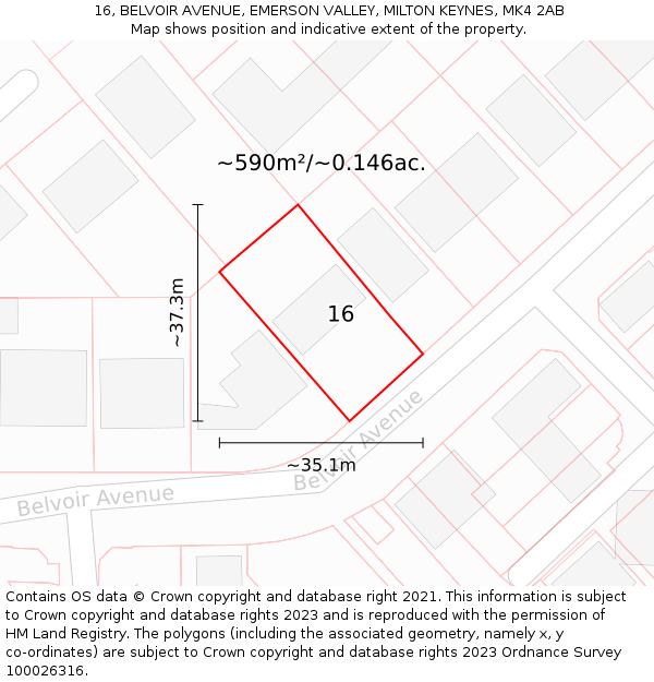 16, BELVOIR AVENUE, EMERSON VALLEY, MILTON KEYNES, MK4 2AB: Plot and title map