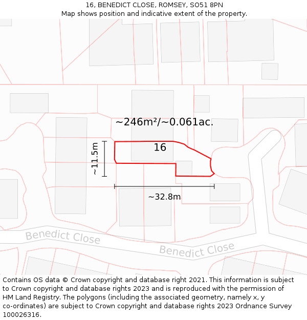 16, BENEDICT CLOSE, ROMSEY, SO51 8PN: Plot and title map