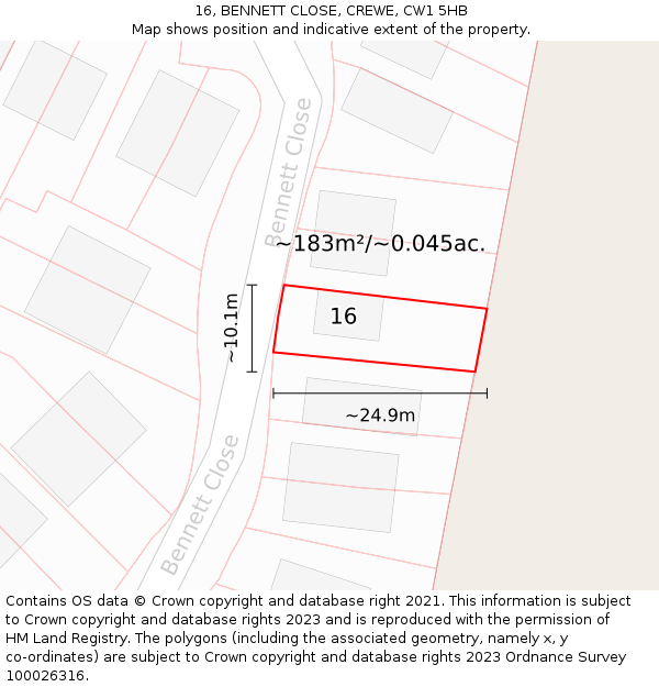 16, BENNETT CLOSE, CREWE, CW1 5HB: Plot and title map