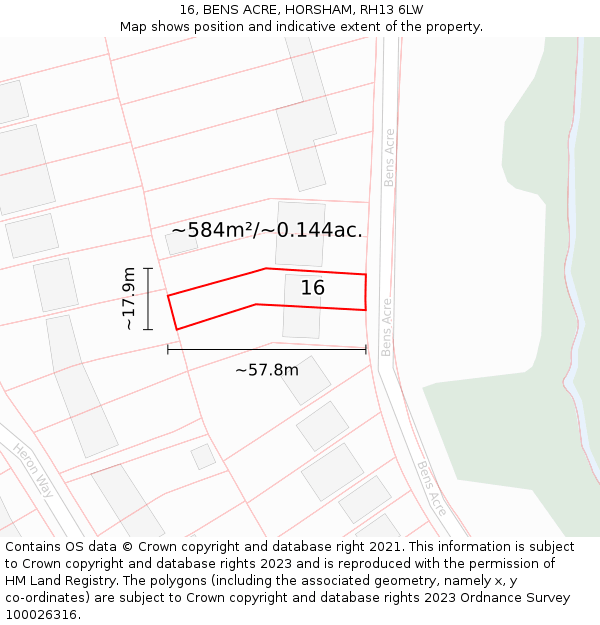 16, BENS ACRE, HORSHAM, RH13 6LW: Plot and title map