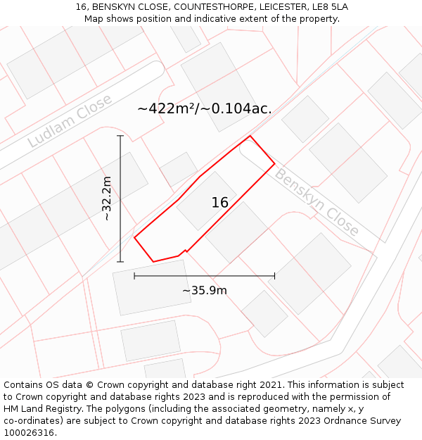 16, BENSKYN CLOSE, COUNTESTHORPE, LEICESTER, LE8 5LA: Plot and title map