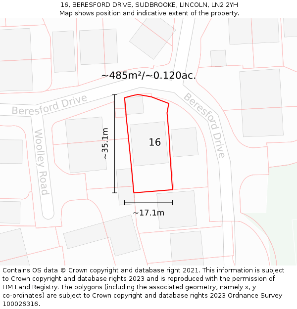 16, BERESFORD DRIVE, SUDBROOKE, LINCOLN, LN2 2YH: Plot and title map