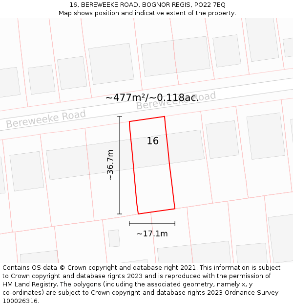 16, BEREWEEKE ROAD, BOGNOR REGIS, PO22 7EQ: Plot and title map