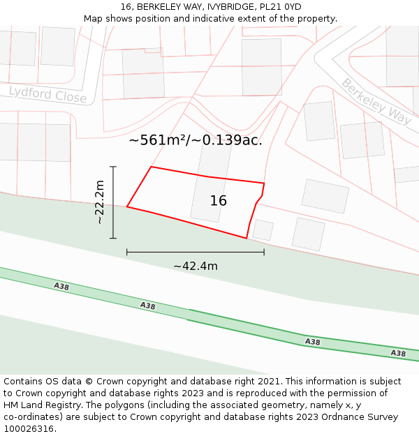 16, BERKELEY WAY, IVYBRIDGE, PL21 0YD: Plot and title map