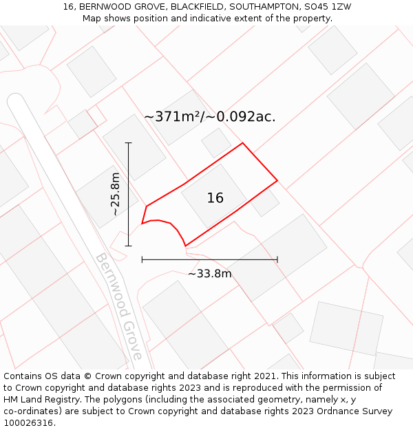 16, BERNWOOD GROVE, BLACKFIELD, SOUTHAMPTON, SO45 1ZW: Plot and title map