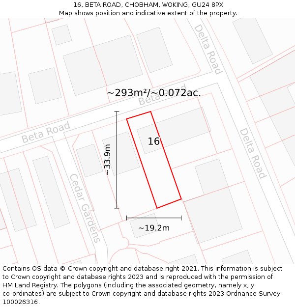 16, BETA ROAD, CHOBHAM, WOKING, GU24 8PX: Plot and title map