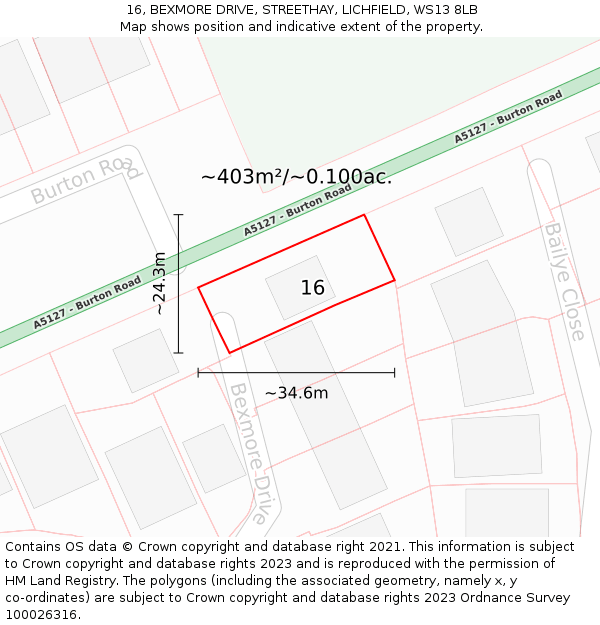 16, BEXMORE DRIVE, STREETHAY, LICHFIELD, WS13 8LB: Plot and title map