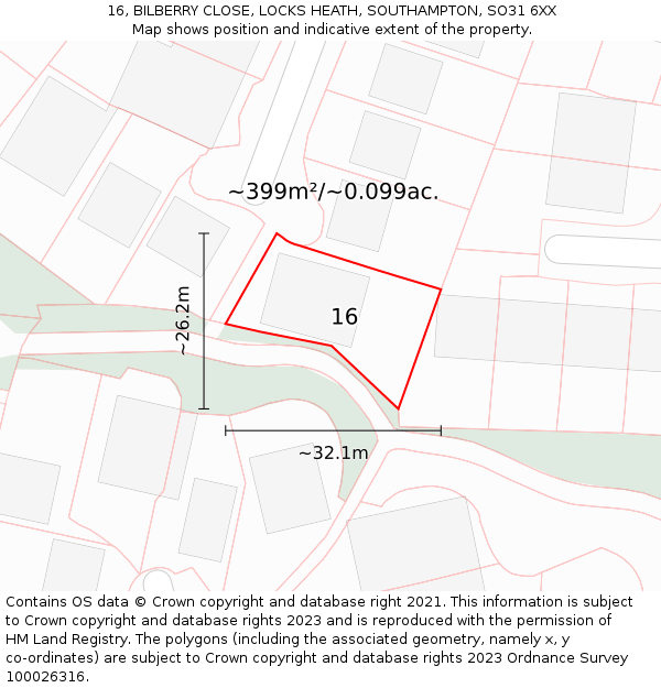 16, BILBERRY CLOSE, LOCKS HEATH, SOUTHAMPTON, SO31 6XX: Plot and title map