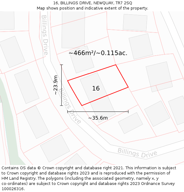 16, BILLINGS DRIVE, NEWQUAY, TR7 2SQ: Plot and title map