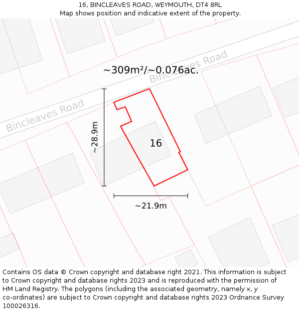 16, BINCLEAVES ROAD, WEYMOUTH, DT4 8RL: Plot and title map