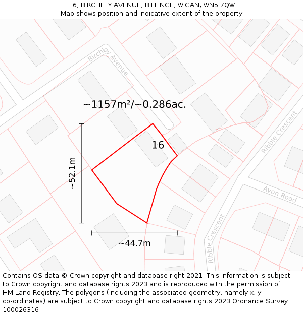 16, BIRCHLEY AVENUE, BILLINGE, WIGAN, WN5 7QW: Plot and title map