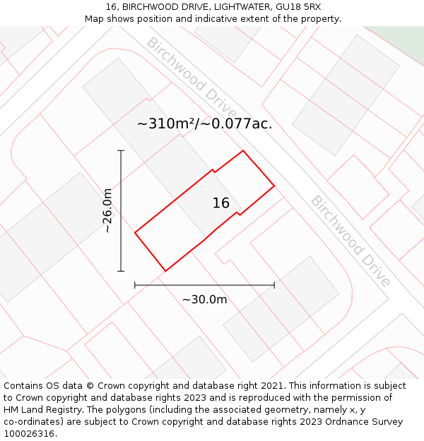 16, BIRCHWOOD DRIVE, LIGHTWATER, GU18 5RX: Plot and title map