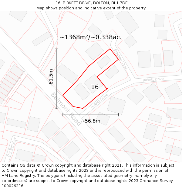 16, BIRKETT DRIVE, BOLTON, BL1 7DE: Plot and title map