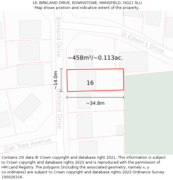 16, BIRKLAND DRIVE, EDWINSTOWE, MANSFIELD, NG21 9LU: Plot and title map