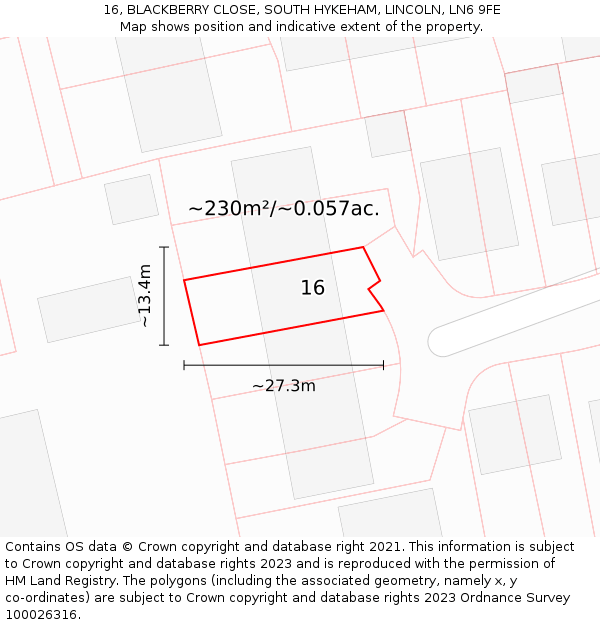 16, BLACKBERRY CLOSE, SOUTH HYKEHAM, LINCOLN, LN6 9FE: Plot and title map