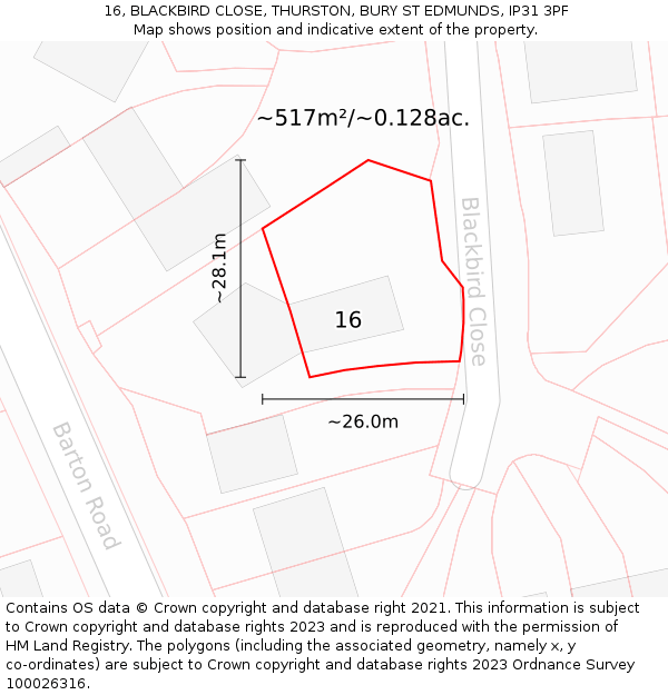 16, BLACKBIRD CLOSE, THURSTON, BURY ST EDMUNDS, IP31 3PF: Plot and title map