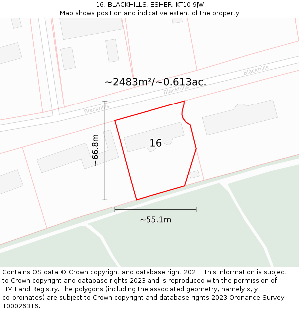 16, BLACKHILLS, ESHER, KT10 9JW: Plot and title map