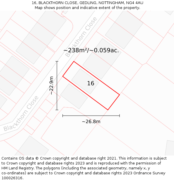 16, BLACKTHORN CLOSE, GEDLING, NOTTINGHAM, NG4 4AU: Plot and title map