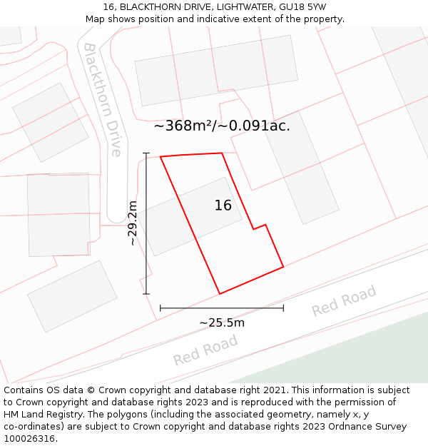 16, BLACKTHORN DRIVE, LIGHTWATER, GU18 5YW: Plot and title map