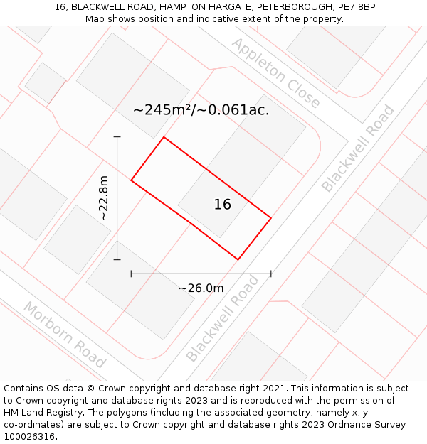 16, BLACKWELL ROAD, HAMPTON HARGATE, PETERBOROUGH, PE7 8BP: Plot and title map