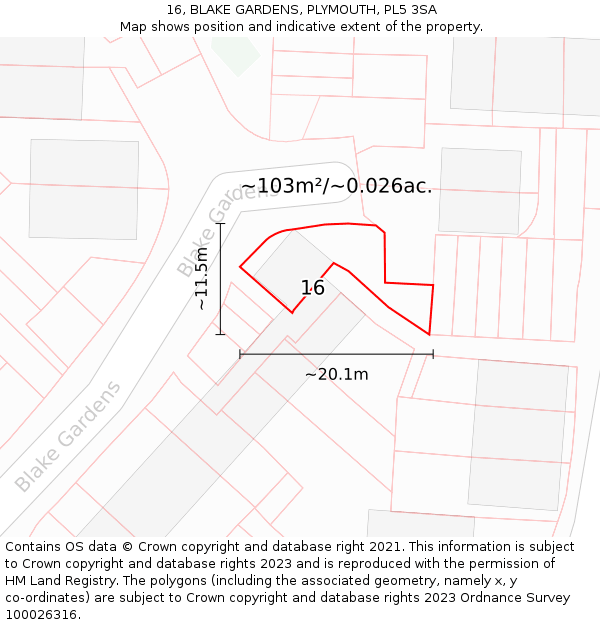 16, BLAKE GARDENS, PLYMOUTH, PL5 3SA: Plot and title map