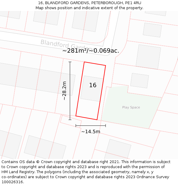 16, BLANDFORD GARDENS, PETERBOROUGH, PE1 4RU: Plot and title map