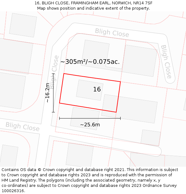 16, BLIGH CLOSE, FRAMINGHAM EARL, NORWICH, NR14 7SF: Plot and title map