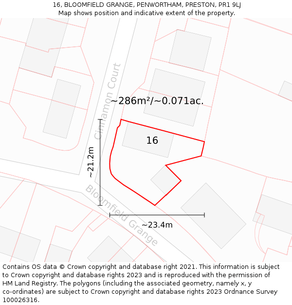 16, BLOOMFIELD GRANGE, PENWORTHAM, PRESTON, PR1 9LJ: Plot and title map