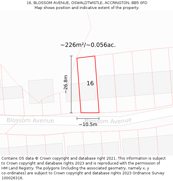 16, BLOSSOM AVENUE, OSWALDTWISTLE, ACCRINGTON, BB5 0FD: Plot and title map