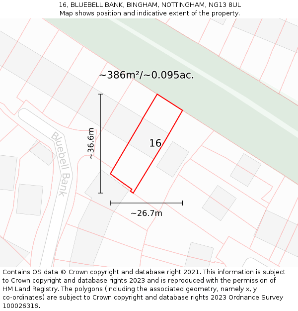 16, BLUEBELL BANK, BINGHAM, NOTTINGHAM, NG13 8UL: Plot and title map