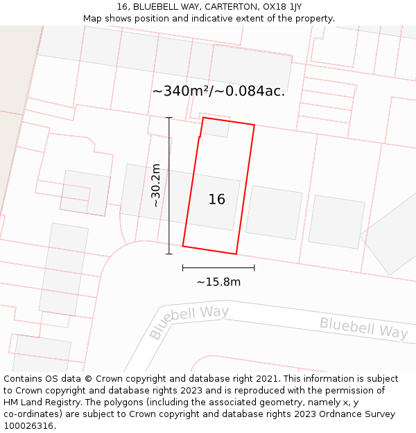 16, BLUEBELL WAY, CARTERTON, OX18 1JY: Plot and title map