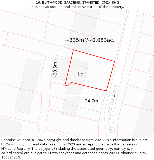 16, BLYTHWOOD GARDENS, STANSTED, CM24 8HG: Plot and title map