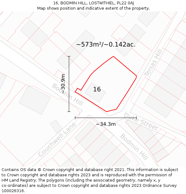 16, BODMIN HILL, LOSTWITHIEL, PL22 0AJ: Plot and title map