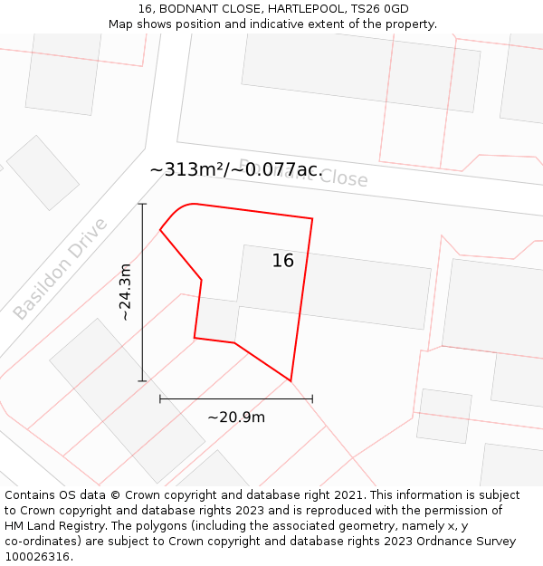 16, BODNANT CLOSE, HARTLEPOOL, TS26 0GD: Plot and title map