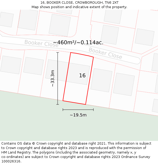 16, BOOKER CLOSE, CROWBOROUGH, TN6 2XT: Plot and title map