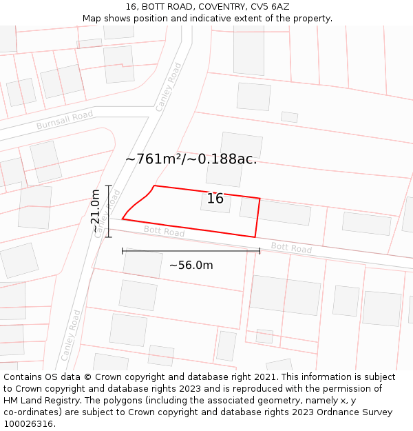 16, BOTT ROAD, COVENTRY, CV5 6AZ: Plot and title map