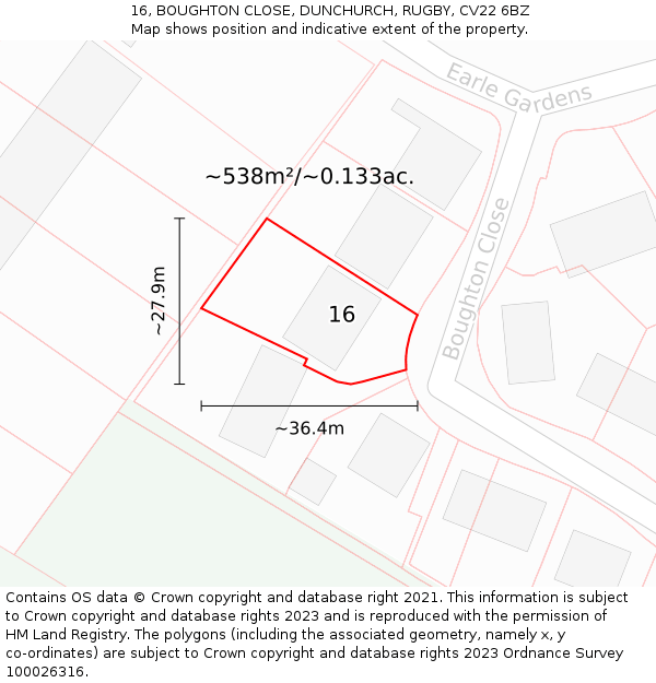 16, BOUGHTON CLOSE, DUNCHURCH, RUGBY, CV22 6BZ: Plot and title map