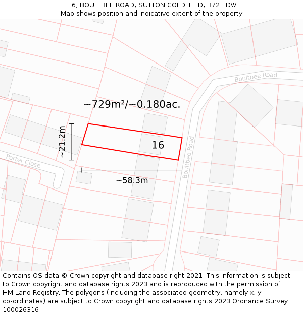 16, BOULTBEE ROAD, SUTTON COLDFIELD, B72 1DW: Plot and title map