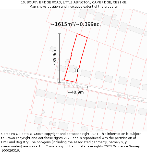 16, BOURN BRIDGE ROAD, LITTLE ABINGTON, CAMBRIDGE, CB21 6BJ: Plot and title map