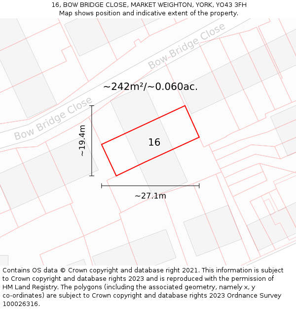 16, BOW BRIDGE CLOSE, MARKET WEIGHTON, YORK, YO43 3FH: Plot and title map