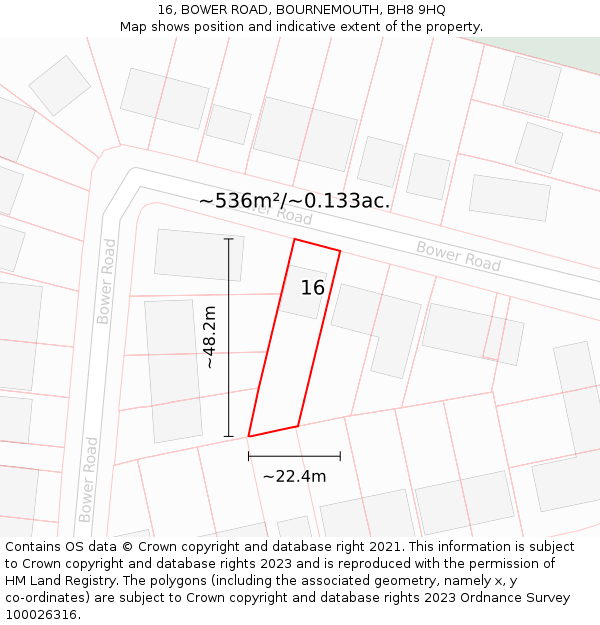 16, BOWER ROAD, BOURNEMOUTH, BH8 9HQ: Plot and title map