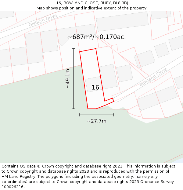 16, BOWLAND CLOSE, BURY, BL8 3DJ: Plot and title map