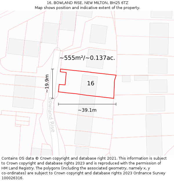 16, BOWLAND RISE, NEW MILTON, BH25 6TZ: Plot and title map
