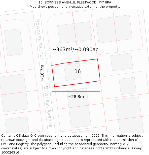 16, BOWNESS AVENUE, FLEETWOOD, FY7 8PA: Plot and title map