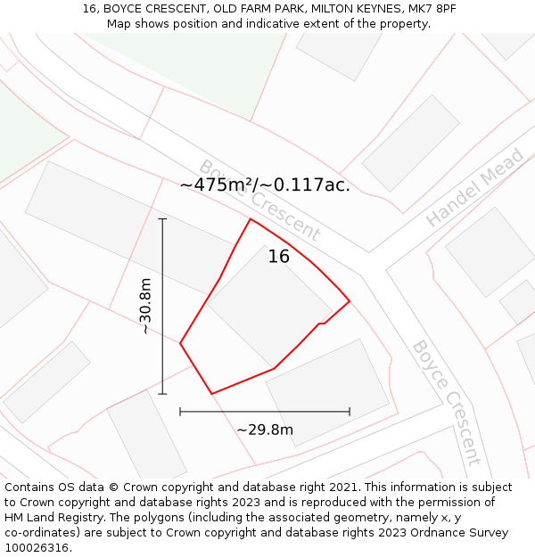 16, BOYCE CRESCENT, OLD FARM PARK, MILTON KEYNES, MK7 8PF: Plot and title map