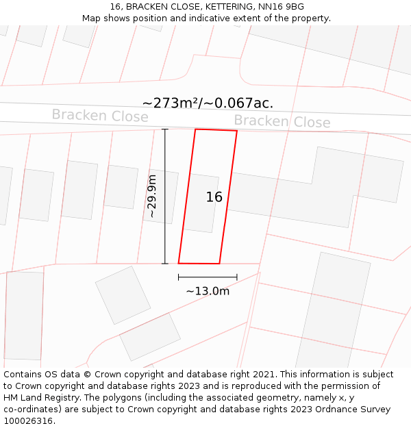 16, BRACKEN CLOSE, KETTERING, NN16 9BG: Plot and title map