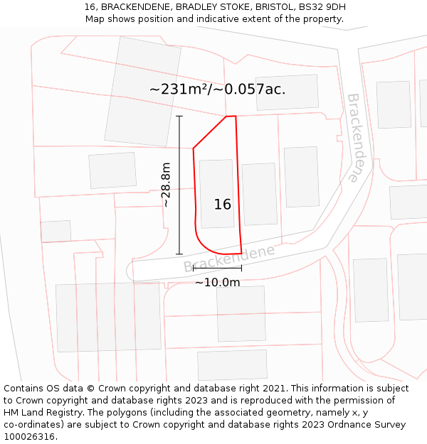 16, BRACKENDENE, BRADLEY STOKE, BRISTOL, BS32 9DH: Plot and title map
